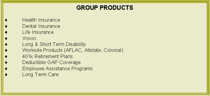 Text Box: GROUP PRODUCTSHealth InsuranceDental InsuranceLife InsuranceVisionLong & Short Term DisabilityWorksite Products (AFLAC, Allstate, Colonial)401k Retirement PlansDeductible GAP CoverageEmployee Assistance ProgramsLong Term Care